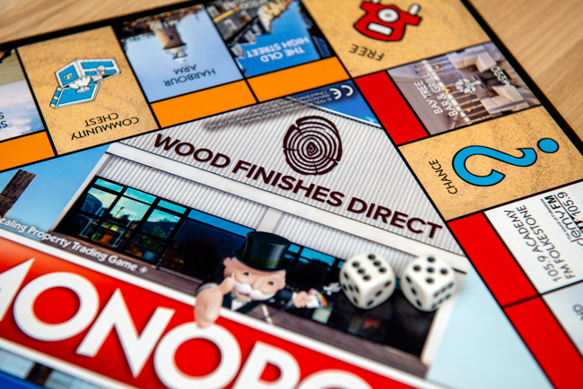 Wood Finishes Direct on the Monopoly Folkestone Edition board Game