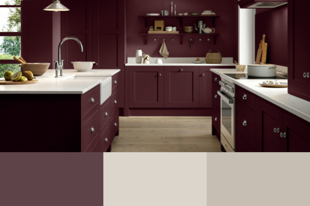 Farrow & Ball paint colours: Brinjal, Skimming Stone, Elephant's Breath