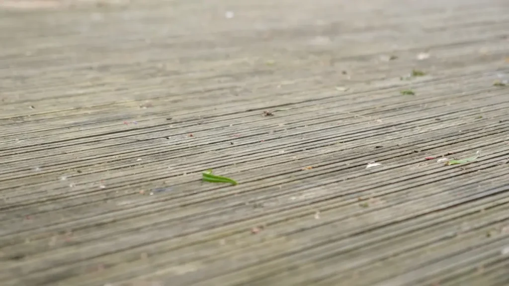 Close-up of grey and weathered wooden decking before cleaning.