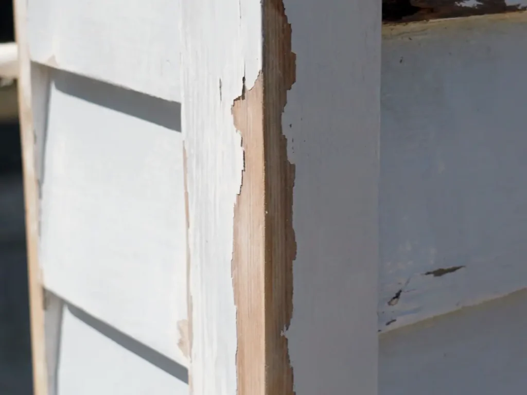 Weathered exterior timber with a cracked and flaking protective coating.