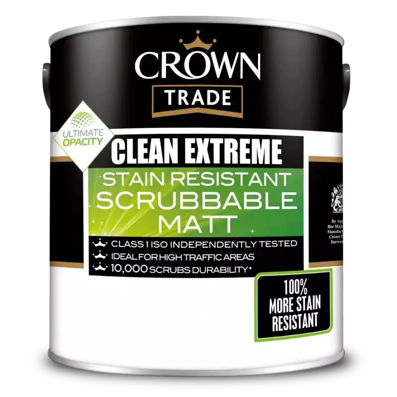 Crown Trade Clean Extreme Stain Resistant Scrubbable Matt Emulsion Paint - 5 Litre, White